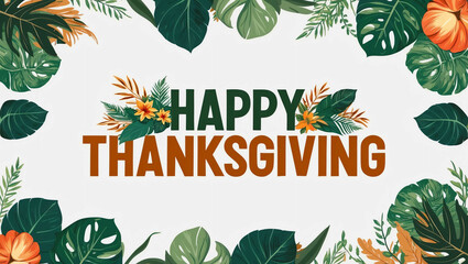 happy thanksgiving lettering with tropical plants leaves and flowers design on plain white background