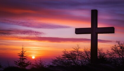 Wooden Cross on a Warm Sunset Background
A wooden cross on the right, silhouetted against a vibrant sunset sky with hues of orange, pink, and purple, creating a spiritual, calming atmosphere.