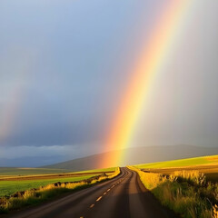 Rainbow at the end of a road landscape