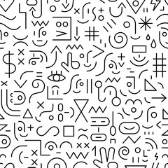 Faces of people social network seamless lines pattern with funny kids face and geometric shapes