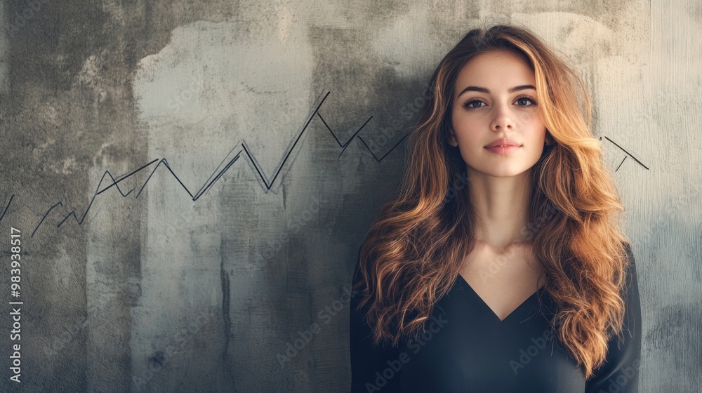 Poster Young Woman with Long Brown Hair Leaning Against a Wall with a Graph Drawn on it