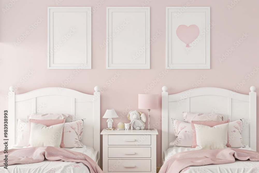 Wall mural two twin beds in a light and airy pink bedroom. the perfect space for children to share.