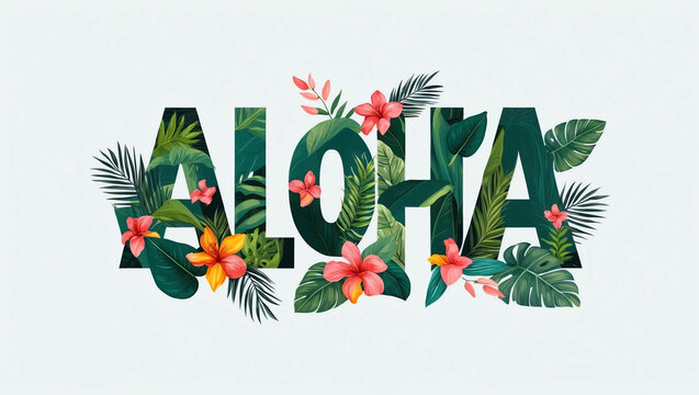 aloha lettering with tropical plants leaves and flowers design on plain white background