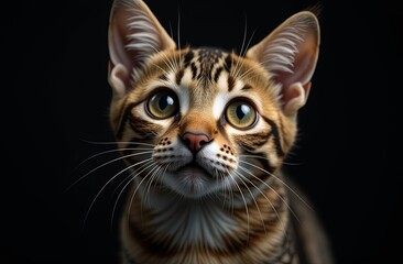 portrait of a cute cat with big  green eyes, black monochrome background. ideal for advertising a pet shelter, veterinary clinic, pet store, pet food