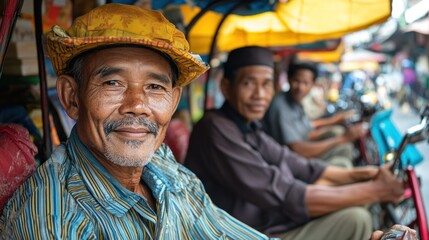 Fototapeta premium Smiling Man in a Yellow Hat, Riding a Cycle Rickshaw