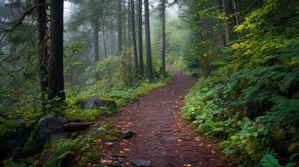Obraz premium Wandering path amid the gloomy woodland. 