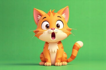 Obraz premium Surprised cartoon cat with big eyes, green background