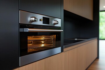 Fototapeta premium A modern kitchen with built-in stainless steel ovens, creating a clean and seamless cooking space, built-in stainless steel oven kitchen, seamless modern kitchen
