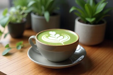 Photorealistic image of a matcha latte in a ceramic cup, topped with intricate foam art