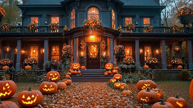 This beautifully designed house adorned with pumpkins and autumn decorations welcomes visitors.
