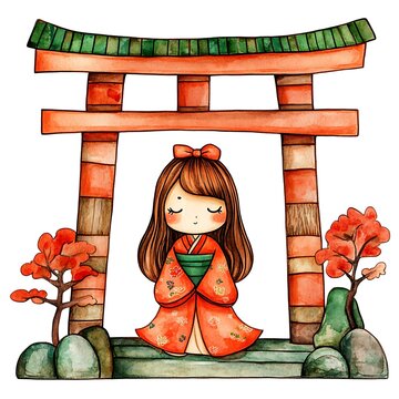 recommend clip art: Watercolor illustration of a Japanese girl in a red kimono standing under a torii gate.