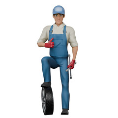 Male Automotive 3D Animation. A male mechanic stands with his right foot stepping on the car tire, then his left hand holds a 4-pole crank and his right hand gives a thumbs up. Mechanic