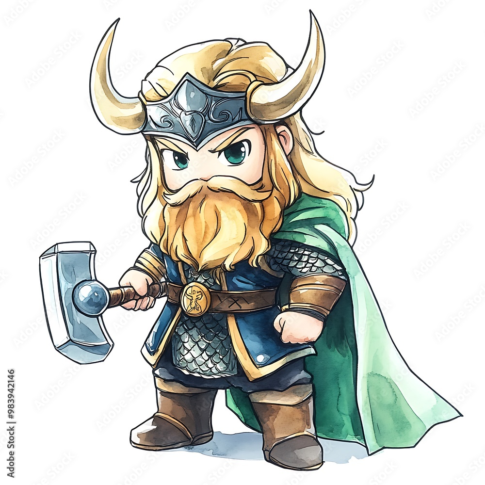 Sticker Cartoon Viking Warrior with Hammer.