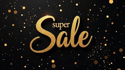 "Super Sale" card design featuring gold and black with golden letter, confetti, and ribbons. The word "Super sale" in gold letters surrounded by gold confetti, black solid background