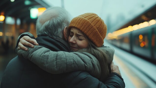 Emotional reunion at train station in winter
