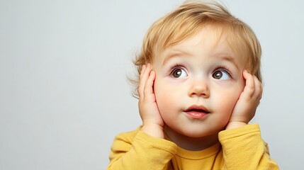 Naklejka premium Portrait of a curious child gazing with wonder, isolated against a clean background with ample space for text. Capturing the innocence, exploration, and imagination of childhood in a simple and unclut