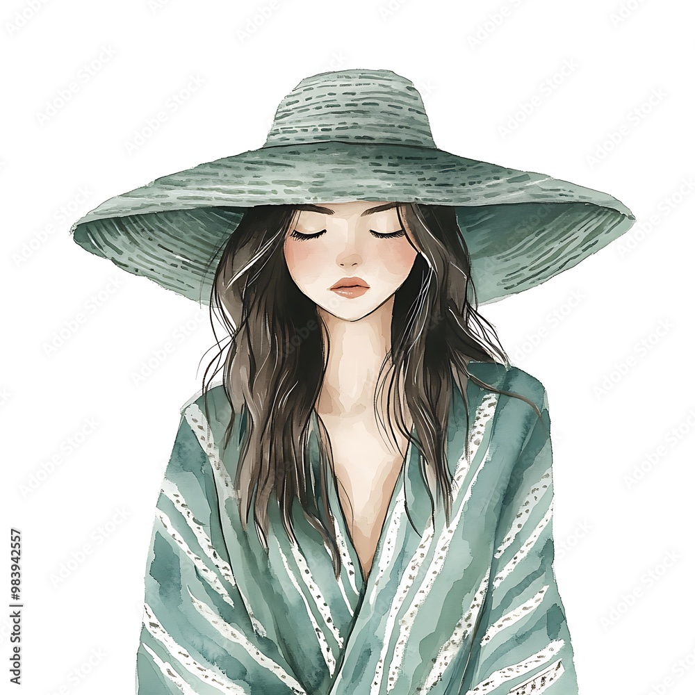 Sticker Watercolor Illustration of a Woman in a Green Striped Dress and a Large Sun Hat.