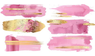 Obraz premium Pink and golden painted grunge stains and lines set, abstract rectangular banners