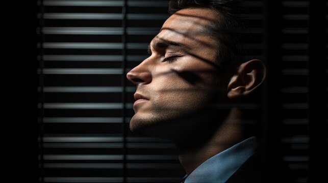 A contemplative man in a suit, illuminated by dramatic light and shadow, creating a moody atmosphere of reflection.