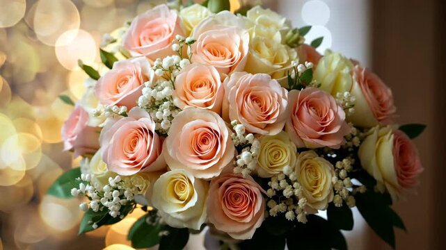 Stunning bouquet of pastel roses with delicate accents, beautifully arranged for a special occasion in a softly lit setting