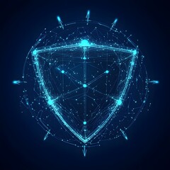 Medical security health shield translucent low poly triangle futuristic glowing surrounded by arrows. On dark blue background. Immunity protection medical innovation concept.