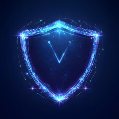 Medical security health shield translucent low poly triangle futuristic glowing surrounded by arrows. On dark blue background. Immunity protection medical innovation concept.