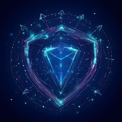 Medical security health shield translucent low poly triangle futuristic glowing surrounded by arrows. On dark blue background. Immunity protection medical innovation concept.