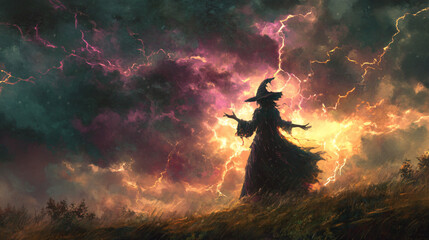 Fototapeta premium A witch summoning lightning from the sky to strike the ground, her hands raised to command the storm.