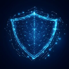 Medical security health shield translucent low poly triangle futuristic glowing surrounded by arrows. On dark blue background. Immunity protection medical innovation concept.