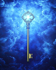 Fototapeta premium Golden Key in the Door of Heaven Christian Theme, Symbolizing Life's Key Principles and Serenity