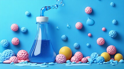 A vibrant blue liquid in a laboratory flask surrounded by colorful spheres on a bright blue background, evoking creativity and fun.