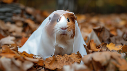 Obraz premium Adorable guinea pig wearing a white veil sitting in a bed of autumn leaves in a forest