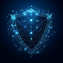 Medical security health shield translucent low poly triangle futuristic glowing surrounded by arrows. On dark blue background. Immunity protection medical innovation concept.