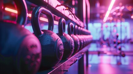 Colorful kettlebells lined up in a modern gym setting with bright lights. Perfect for fitness and exercise imagery.