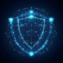 Medical security health shield translucent low poly triangle futuristic glowing surrounded by arrows. On dark blue background. Immunity protection medical innovation concept.