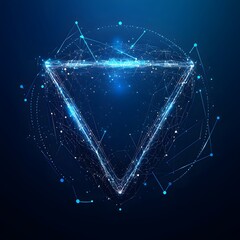 Medical security health shield translucent low poly triangle futuristic glowing surrounded by arrows. On dark blue background. Immunity protection medical innovation concept.