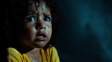 Emotional close-up portrait of a distressed child crying out of fear, showcasing vulnerability and intense emotion. 