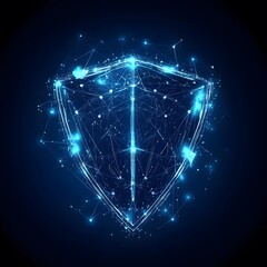 Medical security health shield translucent low poly triangle futuristic glowing surrounded by arrows. On dark blue background. Immunity protection medical innovation concept.