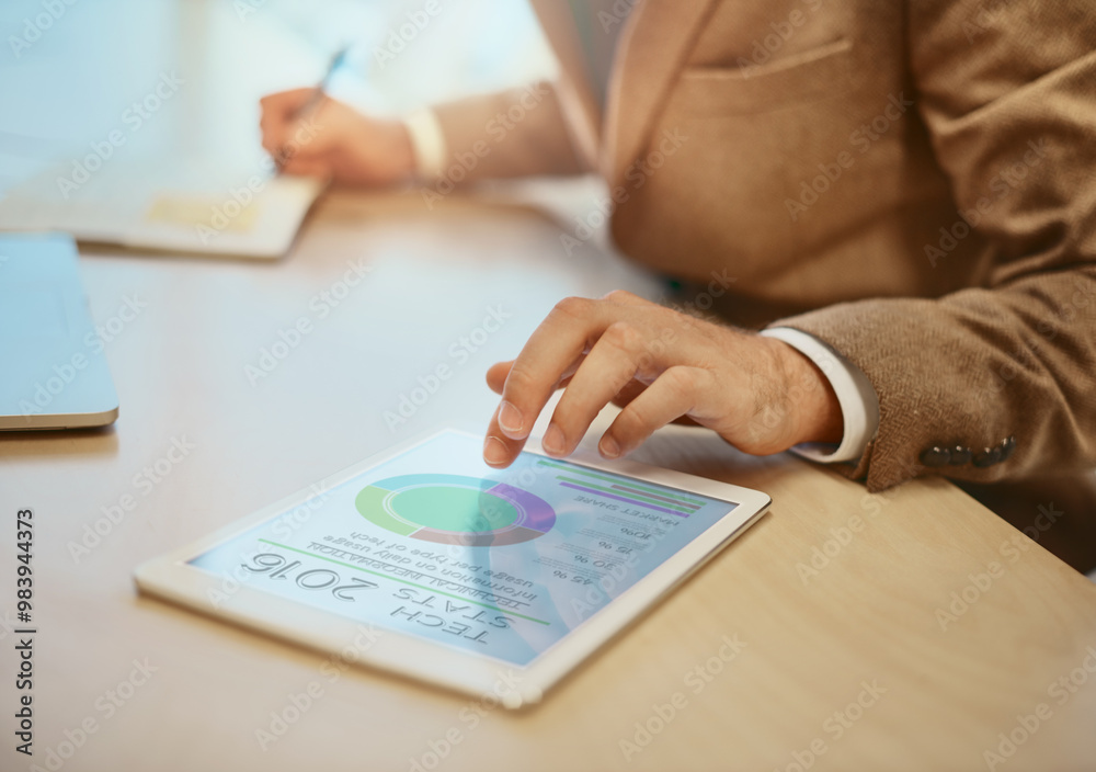 Poster hands, tablet and statistics with graphs, documents and entrepreneur for connection at digital agenc