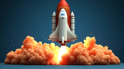 A vibrant rocket launching into the sky, surrounded by colorful clouds of smoke, symbolizing adventure and exploration.