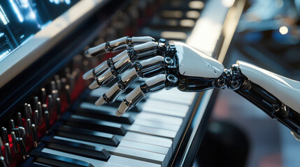 Neuromusic. Artificial AI Robot playing piano music. A robotic hand skillfully plays a piano keyboard, creating beautiful music with precise finger movements. Artificial intelligence and creativity