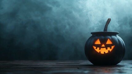 A spooky Halloween pumpkin with a smiling face, glowing in a misty atmosphere, perfect for festive decorations.