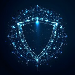Medical security health shield translucent low poly triangle futuristic glowing surrounded by arrows. On dark blue background. Immunity protection medical innovation concept.