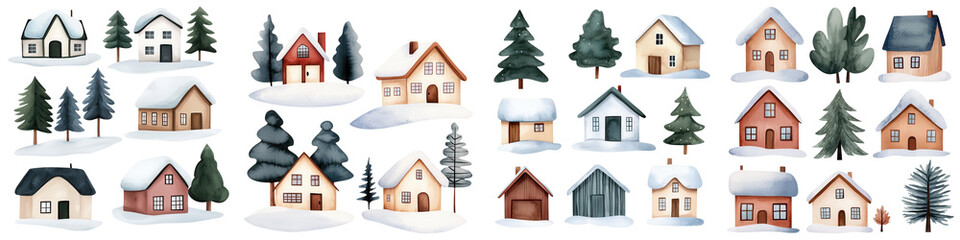 Collection of charming houses with snow and trees, white isolate background.