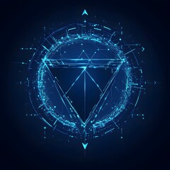 Medical security health shield translucent low poly triangle futuristic glowing surrounded by arrows. On dark blue background. Immunity protection medical innovation concept.