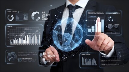 business person interacting with a digital futuristic interface featuring data analytics, charts, financial growth trends, and network connectivity symbols.