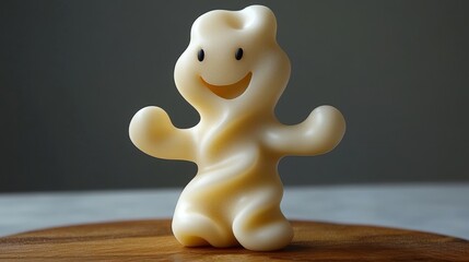 Cheerful figure made of dough, smiling and playful, standing on a wooden surface, perfect for creative and food-related projects.