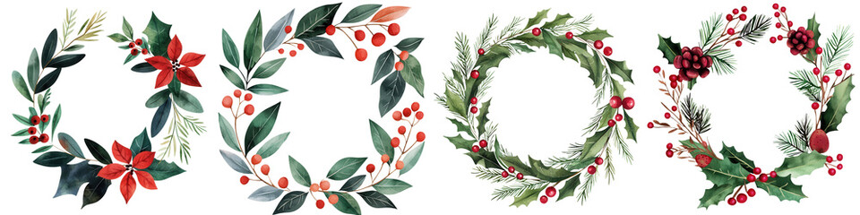 Festive wreaths with red flowers and green leaves on a white isolated background.