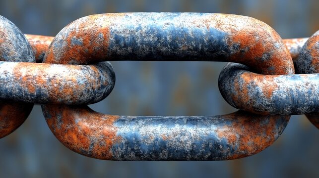 Close-up of a rusty metal chain link, showcasing texture and weathering against a blurred metallic backdrop.