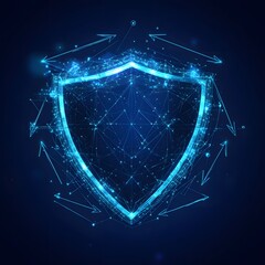 Medical security health shield translucent low poly triangle futuristic glowing surrounded by arrows. On dark blue background. Immunity protection medical innovation concept.